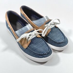 Keds Boat Shoes Womens 9 Blue Striped Canvas Leather Lace Casual Flats